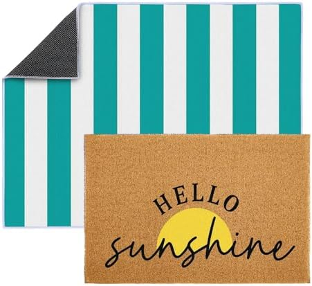 2 Pcs Layered Front Porch Decor, Hello Sunshine Welcome DoorMats Summer Coastal Entryway Rug Set, Light Blue White Striped Crystal Velvet Base and PVC Coil Door Mat, 15.7x23.6 & 23.6x31.5 - Image 4