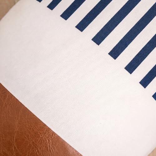 14x36 Lumbar Pillow Cover, Navy Blue Stripe and Brown Faux Leather Color Block Long Throw Pillow Case for Couch Bed Sofa, Farmhouse Modern Decorative Body Cushion Cover for Covered Porch - Image 3