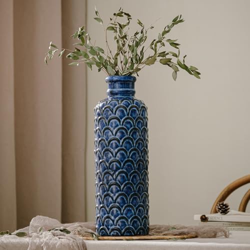 Ceramic Flower Vase,13.98" Tall Vintage Blue Pottery Vase for Home Decor, Rustic Textured Vase for Pampas Grass, Living Room, Entryway, Mantel, Kitchen Table - Image 2