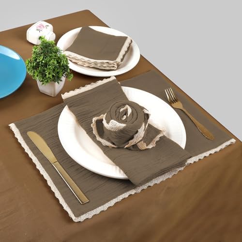 FINGERCRAFT Lace Cloth Napkin, Cotton Gauze, Set of 12, 20x20 in,Warm Taupe - Image 2