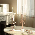NIKKY HOME Vintage Elegant Pink Bow Iron Taper Candle Holders Set of 2 - Image 3