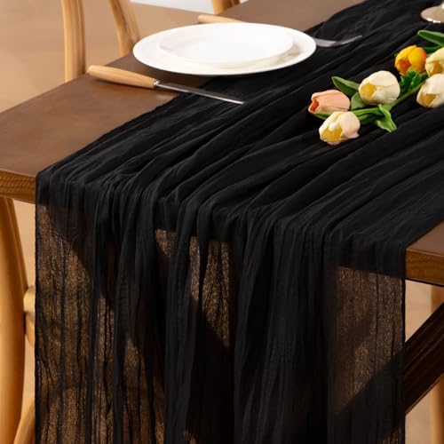 Black Cheesecloth Table Runner Boho Wrinkled Gauze Table Runners by Jimtx