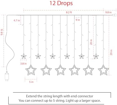 Star Curtain Lights for Bedroom - Plug-in 9ft 138 LED Fairy Twinkle Lights with 12 Star Drops, Connectable Window Lights with Remote 8 Lighting Modes for Indoor Xmas Ramadan Decoration, White - Image 6