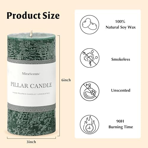 3x6 Inch Dark Green Pillar Candles Set of 3 - Hand-Poured Unscented Candles, Long Clean Burning, Dusty Sage Candle, Smokeless Dripless Candle for Dinner Table, Wedding, Home, Rustic Decor - Image 6