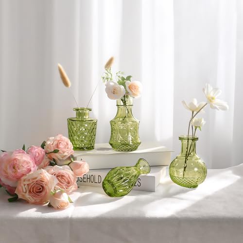 Green Small Bud Vases in Bulk 12, Vintage Embossed Flower Vases for Centerpieces, Boho Glass Vase for Flowers, Decorative Mini Vase for Wedding Decoration Party Baby Shower Home Dining Table - Image 3