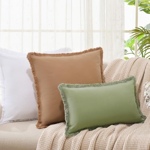 ZWJD Pillow Covers 18x18 Set of 2 Camel Throw Pillow Covers with Fringe Chic Cotton Decorative Pillows Square Cushion Covers for Sofa Couch Bed Living Room Farmhouse Boho Decor - Image 4