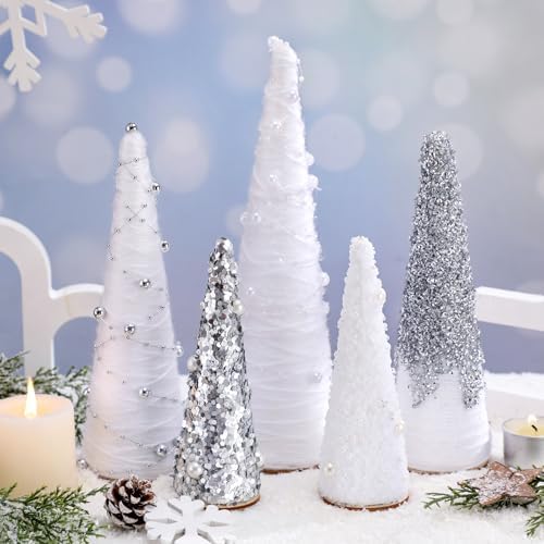Realspring 5 Pcs Silve and White Christmas Cone Tree Centerpiece Decor by Realspring