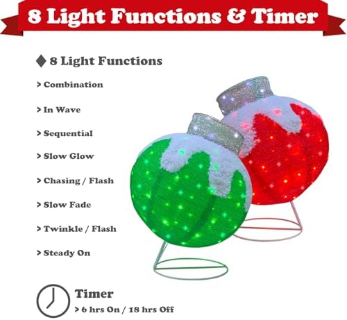 Outdoor Christmas Balls Lighted, 2pcs Pop-Up Christmas Ornaments Outdoor Decorations Prelit 160 Lights with 8 Flashing Effects, Collapsible Light Up Hanging Lantern Ball for Home Yard Decor-Red/Green - Image 4