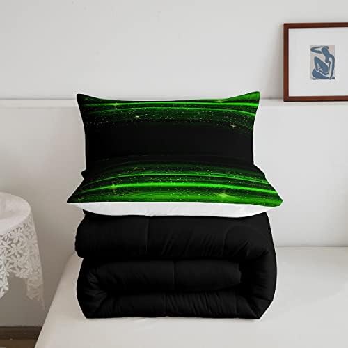 Ombre Stripes Bedding Set King Black Green Outer Space Comforter Modern Gradient Geometric Down Comforter for Kids Boys Girls Teens Adult Soft Quilt Warm Lightweight with 2 Pillowcases Bedroom Decor - Image 4