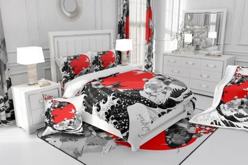Mount Fuji Quilt Japanese Style Koi Fish Duvet Insert Ukiyo-E Theme Comforter Set Mountain Cherry Blossom Red Sun Ink Painting Down Comforter 3 Pieces with 2 Pillow Cases, King Size Black White - Image 6