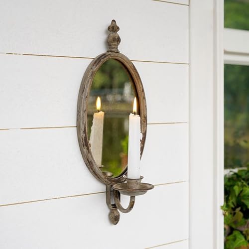 SOFFEE DESIGN Antique Metal Candle Sconces Candlestick Holder Wall Mounted Distressed with Oval Faded-Looking Mirror by SOFFEEDESIGN