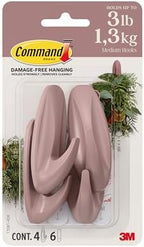 Command Medium Designer Hooks, Dusty Rose, 4 Hooks, 6 Strips, Damage-Free Hanging with Adhesive, No Tools Great for Hanging Home Decor, Holds up to 1.3kg by Command