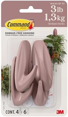 Command Medium Designer Hooks, Dusty Rose, 4 Hooks, 6 Strips, Damage-Free Hanging with Adhesive, No Tools Great for Hanging Home Decor, Holds up to 1.3kg by Command