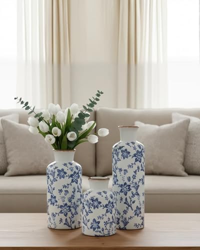 Blue and White Ceramic Vase Set of 3, Vintage Floral Vases for Home Decor - Image 4