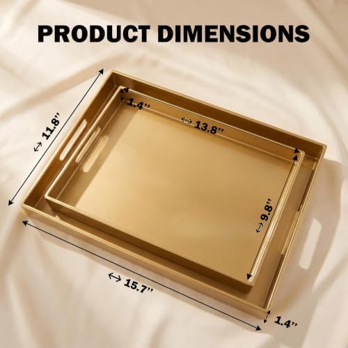Gold Decorative Serving Tray Set with Handles, Large 15.7" & Medium 13.8", Modern Plastic Design for Coffee Table, Ottoman and Home Decor (2 Pcs) - Image 3