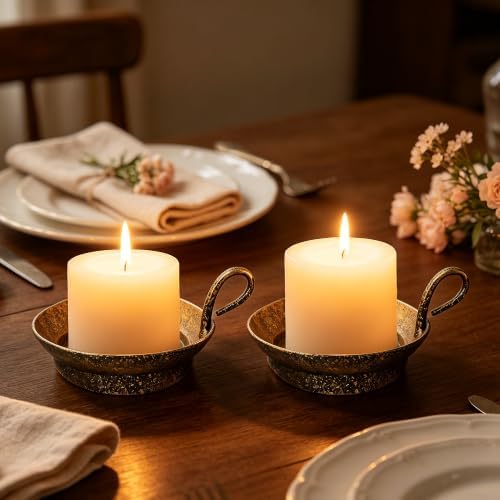 4" Wide Set of 2 Cast Iron Candle Holder with Handle in Rustic Gold for Pillar with Handle, Pillar Candle Holder, Farmhouse Vintage Style, for Mantels, Tabletops, Centerpieces, Entryways - Image 4
