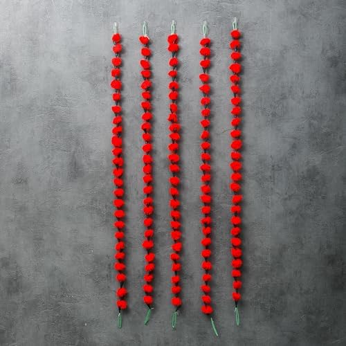 3.5 Ft Red Woolen Marigold Garland | Artificial Flower Garlands | Hosuewarming Indian Wedding Decoration | Woolen Bulk Floral Garlands Wall Decor, Backdrop, Diwali Décor | (Pack of 5) by DesiFavors