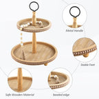 Beaded Tiered Tray Stand, Rustic Wooden 2 Tier Decorative Tray with Bead Garland, Farmhouse Round Wood Serving Tray Counter Centerpiece for Coffee Bar Home Decor Holiday Housewarming Gifts (Brown) - Image 3