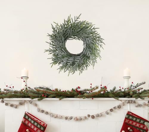 20 Inch Norfolk Pine Winter Wreath (Green & White) - Artificial Pine Greenery Christmas Winter Wreaths for Front Door Porch Wall Window Porch Fireplace Indoor Outdoor Decor Decorations - Image 4