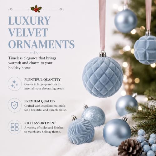 Hollowfly Blue 56 Pcs Velvet Christmas Balls Ornaments Set - Image 3