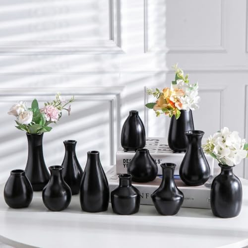 Black Ceramic Bud Vase Set of 12 Glossy Modern Flower Vases by Sowlvenco