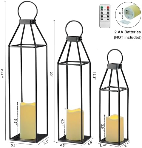 Perfnique Set of 3 Black Metal Lanterns w/ Waterproof Flickering Flameless Candle & Remote Timer, Modern Farmhouse Lanterns Decorative for Outdoor, Front Porch, Indoor, Patio, Garden, Fireplace - Image 4