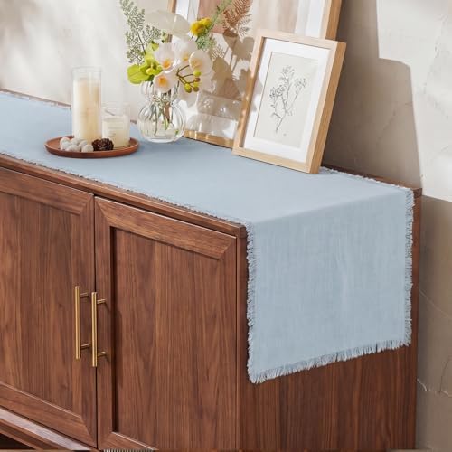 KINGSTONE 14 x 90 Inches Frayed Edge Table Runner, 270G Heavyweight Sand Washed Slub Texture Cotton Linen for Modern Farmhouse, Rustic Home Decorations Dining Room Wedding Boho Decor, Light Blue - Image 4