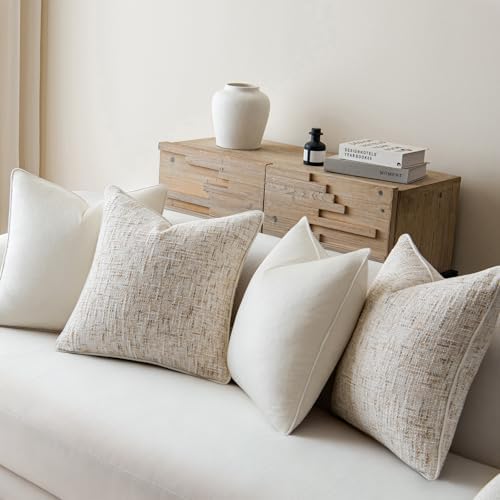 a moment Beige 4 Pack Throw Pillow Covers - Chenille & Velvet Set with Piping, Farmhouse Textured Design Pillow Cases for Couch Sofa Bed Livingroom (22x22 Inch, No Insert) - Image 2