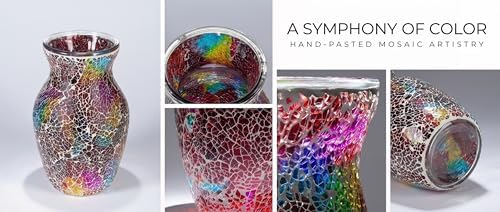8" Deep Red Rainbow Mosaic Vase, Hand-Pasted Colorful Glass Flower Vase, Vibrant Crackle Art Centerpiece for Modern Home, Office & Creative Decor - Image 6