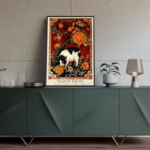Chinese Lunar Year of the Pig Art Print – Traditional Red Oriental Home Decor Posters with Orange Peony Pattern for Lunar New Year Wall Art 16X24 in Wrapped Framed - Image 4