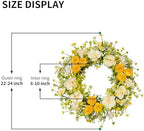 24 Inch Spring Yellow Floral Wreath for Front Door, Artificial Camellia & Orchid Wreath with Eucalyptus Greenery, Farmhouse Door Decor for Spring Summer Wedding Wall Window - Image 7