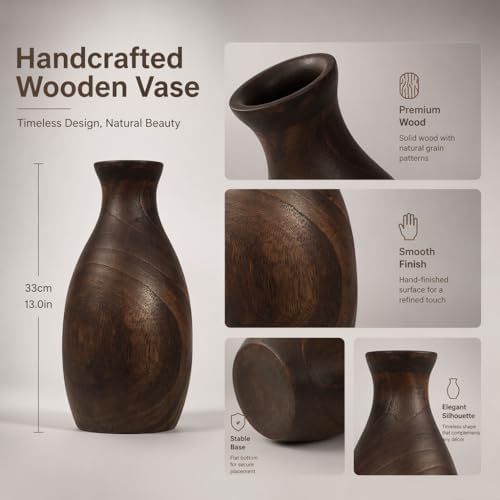 Living Room Decor Flower Vase，Black Farmhouse Decor Wood Vases Aesthetic,Office Flower Pot for Desk, Rustic Coffee Table Bookshelf Laundry House Decorations,Kitchen and Accessories - Image 5