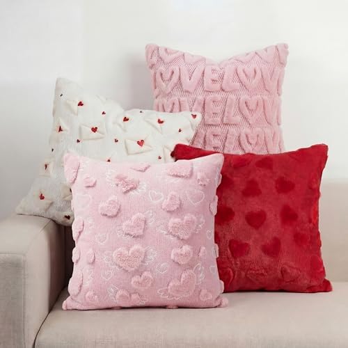 Tiamon 4 Pcs Valentines Throw Pillow Covers 18 x 18 Inch 3D Embroidered Plush Pink Red Hearts Pillow Cases Valentine's Day Love Fluffy Faux Fur Cushion Covers for Sofa Couch Wedding Anniversary Party by Tiamon