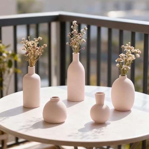 White Ceramic Flower Vase Set of 5, Modern Farmhouse Decorative Vases for Bookshelf, Dining Room Coffee Console Table Centerpieces - Image 6
