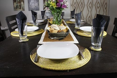Senegal Placemats/African Bohemian Woven Seagrass Placemats/Natural Wicker Round Basket Placemats/Decorative Hanging Wicker Plates/Hanging Wall Decor (Black & Yellow) - Image 2