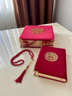 Velvet Covered Quran and Pearl Tasbih in Wooden Decorative Box | Islamic Gift Set | Muslim Eid Ramadan Gift (Claret Red) - Image 2