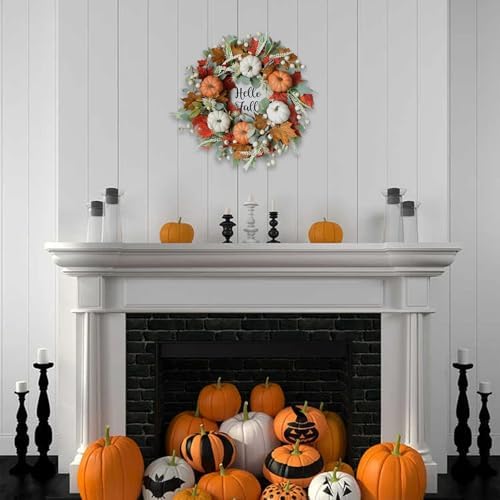 Fall Wreaths for Front Door, 22 Inch Autumn Maples Leaf Pumpkin Berry Wreath with Hello Fall sign, Fall Decorations for Thanksgiving Halloween Farmhouse Harvest Home Outdoor Indoor Window Wall - Image 5