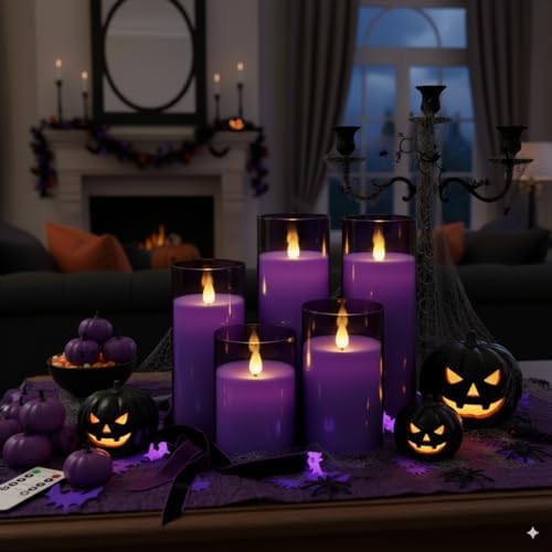 Homemory Purple Flickering Flameless Candles, Battery Operated Acrylic LED Pillar Candles with Remote Control and Timer, Purple Decor, Set of 5 - Image 3