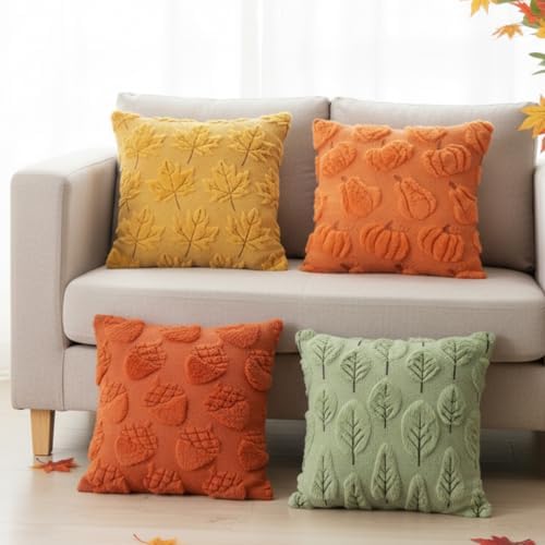 Tiamon 4 Pcs Fall Throw Pillow Covers 18 x 18 Inch Autumn Pillow Cases 3D Embroidered Pumpkin Leaf Plush Fluffy Faux Fur Cushion Covers for Thanksgiving Harvest Decoration Farmhouse Home Sofa Couch by Tiamon