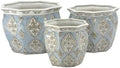 Galt International Light Blue & White Round Fluted Floral Porcelain Ceramic Plant Flower Planter Pot Set of 3 (7.5", 10", 13") Garden Pots Chinese Asian Design by GaltInternational