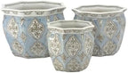 Galt International Light Blue & White Round Fluted Floral Porcelain Ceramic Plant Flower Planter Pot Set of 3 (7.5", 10", 13") Garden Pots Chinese Asian Design by GaltInternational