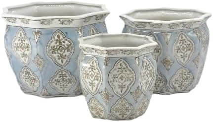 Galt International Light Blue & White Round Fluted Floral Porcelain Ceramic Plant Flower Planter Pot Set of 3 (7.5", 10", 13") Garden Pots Chinese Asian Design by GaltInternational