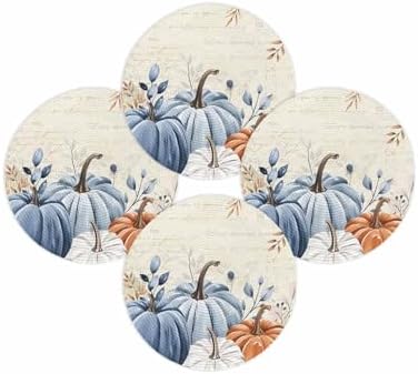 Fall Round Placemats Set of 4 Thanksgiving Blue Pumpkin Place Mats Washable Woven Placemat Autumn Eucalyptus Leaves Circle Braided Table Mat for Kitchen Dining Table Holiday Party Fall Decor 15 Inch by Home+L6
