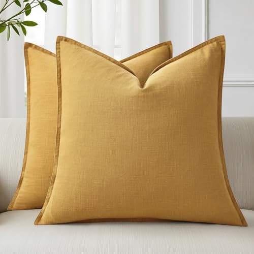 decorUhome Fall Mustard Yellow Linen Throw Pillow Covers 22x22 Set of 2 by decorUhome