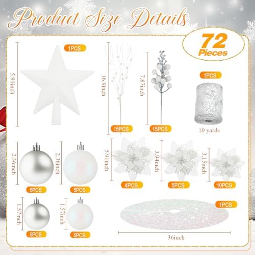 Realspring 72 Pieces Christmas Tree Ornament Set Xmas Assorted Decorations Bulk Glitter Poinsettia Berry Picks Topper Star Sequin Tree Skirts for Home Wreaths Holiday Party Favors (White) - Image 2