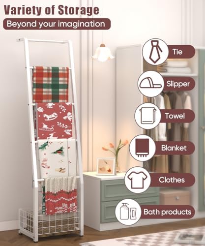 6.3ft Blanket Ladder with Storage Basket, 5 Tier Decorative Ladder Shelf Stand for Living Room & Bedroom, Wall-Leaning Blanket Holder Quilt Rack for Home Décor, Rustic Brown & White - Image 6
