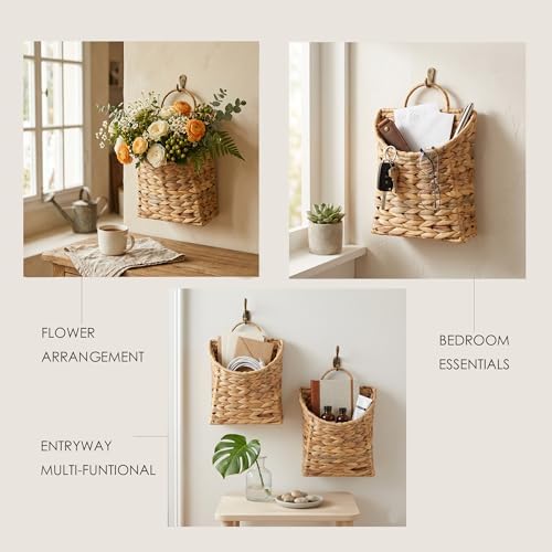 Set of 2 Water Hyacinth Hand Woven Basket, Wicker Hanging Wall Basket, handmade Decor & Storage Organizer for Entryway, Bathroom, Living Room, Farmhouse, and Front Door, 8.7 x 4.7 x 11.4 inch - Image 3