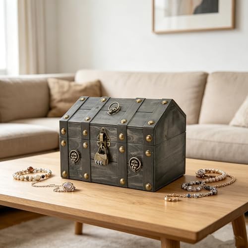 TeamSky Vintage Gray Wooden Storage Box with Lock, Jewelry Chest - Image 5