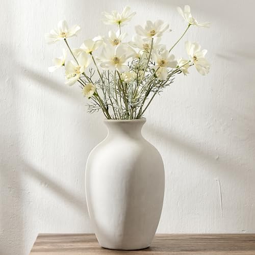 Large Ceramic Rustic Flower Vase, 10.43 Inch Tall Vintage Pottery Home Decor, Antique Farmhouse Terracotta Vase for Living Room, Shelf, Table, Mantel Decoration, Farmhouse - Off-White by PORCER