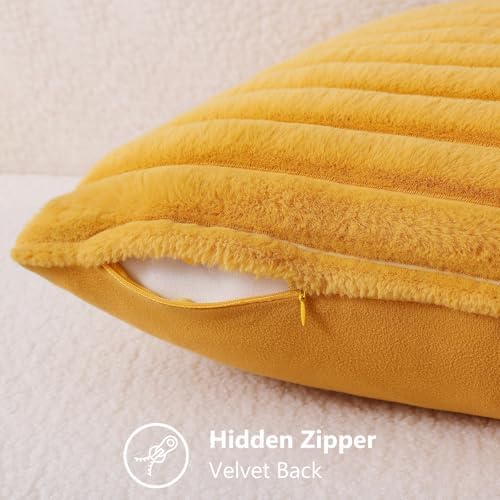 decorUhome Fall Faux Fur Throw Pillow Covers 26x26 Set of 2 Mustard Yellow - Image 3